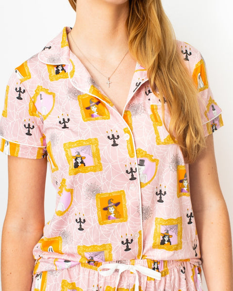 Gilded Ghouls Short Sleeve Button Up Sleep Shirt with Shorts set
