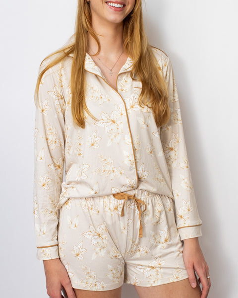 Harvest Toile Long Sleeve Button Up Sleep Shirt & Shorts set