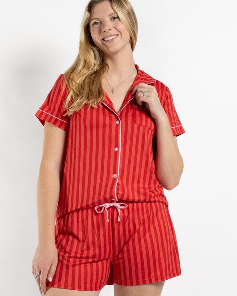 Carissa Stripe Short Sleeve Button Up Sleep Shirt & Shorts Set
