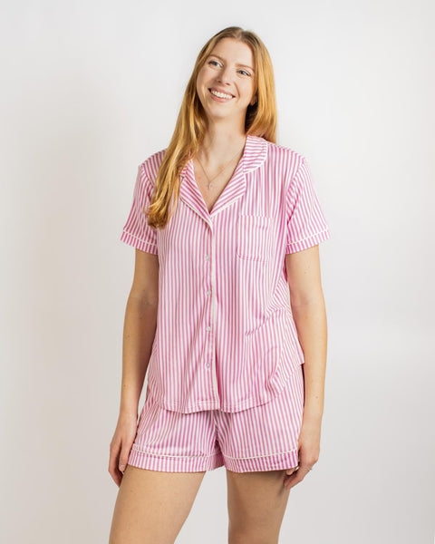 Pinstripe Short Sleeve Button Up Sleep Shirt & Shorts Set