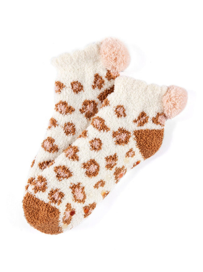 Alma Leopard Print Plush Home Socks, Rust
