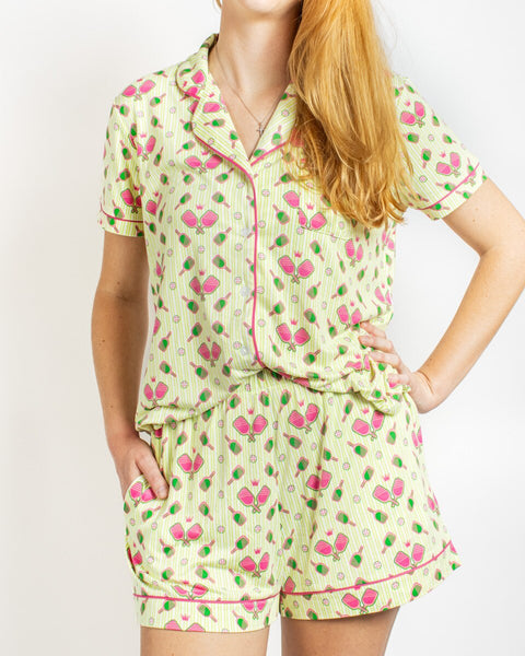 Pickleballer Short Sleeve Button Up Sleep Shirt & Shorts Set
