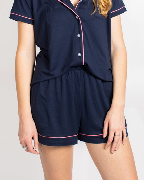 Elizabeth Short Sleeve Button Up Sleep Shirt & Shorts Set Navy/Pink