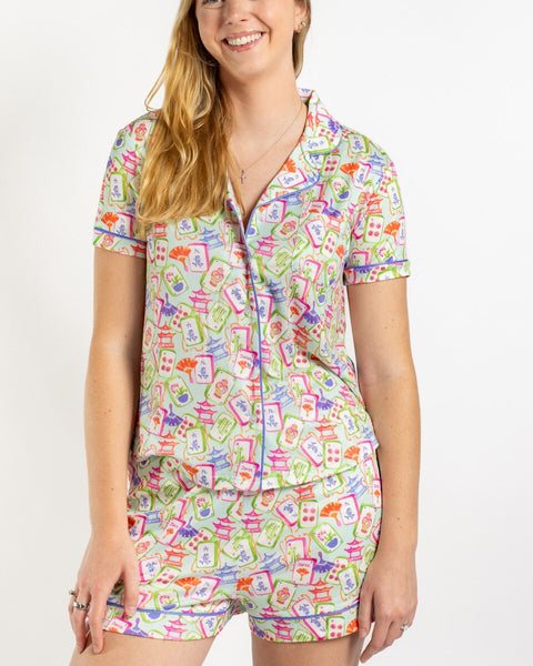 Mahjong Dreams Short Sleeve Button Up Sleep Shirt & Shorts Set