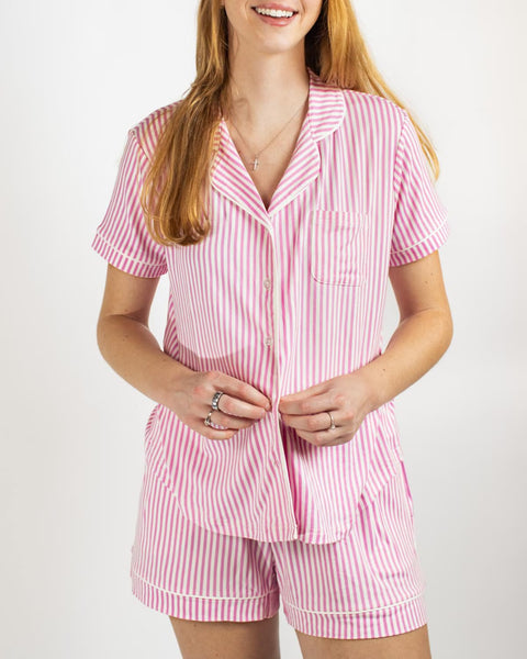 Pinstripe Short Sleeve Button Up Sleep Shirt & Shorts Set