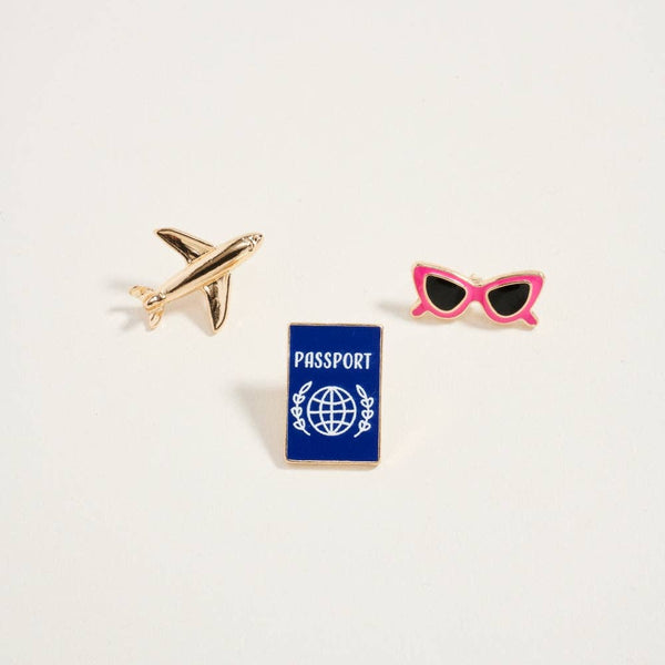 Airplane Passport Book Sunglass Brooch Pin Set of 3