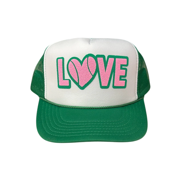 LOVE (tennis-double puff) - White/Green Trucker Hat