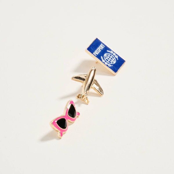 Airplane Passport Book Sunglass Brooch Pin Set of 3