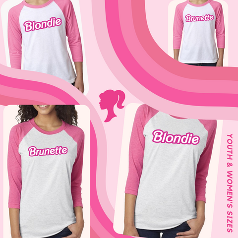 Blondie or Brunette "Barbie" raglan tee